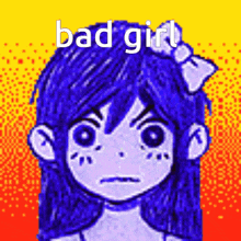 a drawing of a girl with blue hair and a bow in her hair .