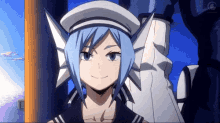 a girl with blue hair and a white hat is smiling