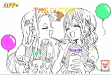 a black and white drawing of two girls with balloons and the words bff the cutest
