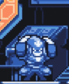 a pixel art illustration of a robot standing in front of a computer .