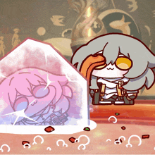 a cartoon drawing of a girl with a gun standing next to a large ice cube