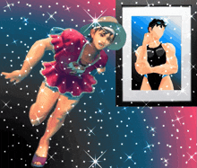 a picture of a woman in a pink dress and a picture of a man in a black swimsuit