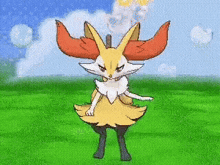 a pixel art drawing of a fox standing in a field .