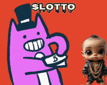 a cartoon drawing of a cat with a top hat holding a dollar sign