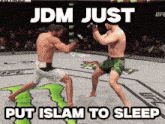 two men are fighting in a cage and the caption says put islam to sleep