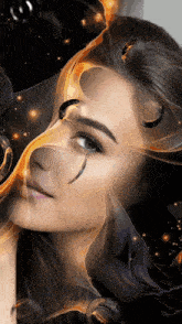a close up of a woman 's face with smoke coming out of her mouth