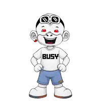a cartoon character wearing a white shirt that says busy