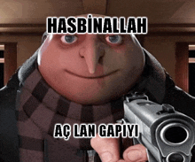 a cartoon character holding a gun with the words hasbinallah ac lan gapiyi written above him
