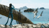 a woman in a blue costume is standing on a rock near the ocean