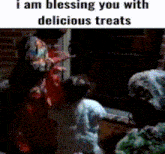 a group of people are standing in front of a brick building with a caption that says i am blessing you with delicious treats