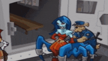 a cartoon of a police officer holding a woman in a cell .