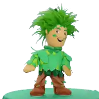 a stuffed doll with green hair and leaves on his face
