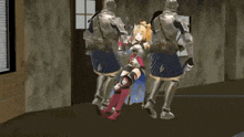a girl in a knight 's armor is being held by two knight 's in a room .