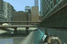 a computer generated image of a city with a bridge and a person holding a gun