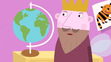 a cartoon of a man with a crown on his head looking at a globe