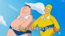a cartoon of homer simpson and peter griffin standing next to each other in bikinis .