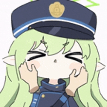 a cartoon girl with long green hair wearing a police hat and a jacket .