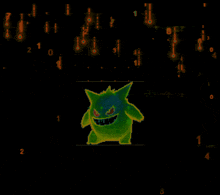 a green pokemon is surrounded by numbers in a dark room