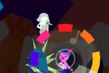 a cartoon of a girl playing a saxophone and a boy singing in a bubble