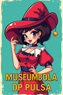 a cartoon of a woman wearing a red dress and a red hat with the words museumbola dp pulsa below her