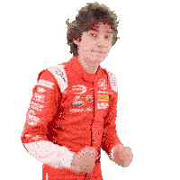 a young man in a red mercedes racing suit is dancing