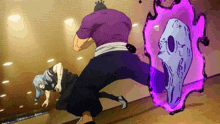 a man in a purple shirt is kicking a woman in a black dress .
