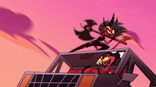 a cartoon of a devil holding an axe and another devil driving a car