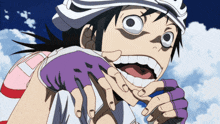a cartoon character is wearing a helmet and gloves and has a big smile on his face