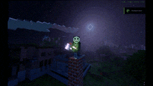 a screenshot of a video game shows a skeleton standing on a chimney at night