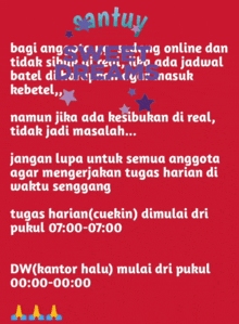 a red poster that says " santuy " at the top