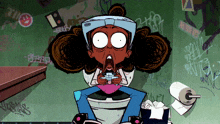 a cartoon drawing of a girl sitting on a toilet with graffiti on the wall