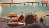 a purple couch with a sausage party advertisement on the wall behind it