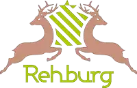 a logo for rehburg shows two deer and a shield