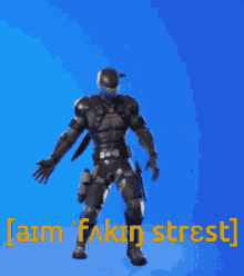 a video game character is dancing in front of a blue background with the words i am fakin stress .