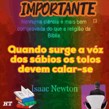 a man sits in a chair next to a stack of books with a quote from isaac newton