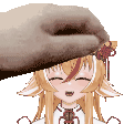 a person is petting a girl 's head with their hand .