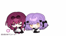 two anime girls with purple hair are standing next to each other with a white background