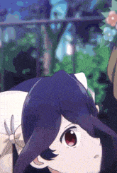 a close up of a girl with purple hair