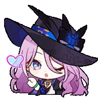 a cartoon girl with purple hair and a black hat is holding a heart shaped lollipop .