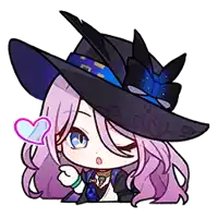 a cartoon girl with purple hair and a black hat is holding a heart shaped lollipop .