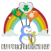a happy st. patrick 's day greeting with a penguin holding a harp and balloons