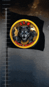 a black flag with a wolf and the words raw party animal