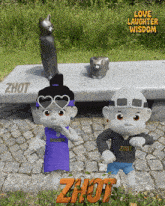 a couple of cartoon characters standing in front of a stone bench that says love laughter wisdom
