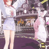 two anime girls are dancing in front of a carousel