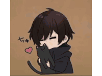a boy is hugging a black cat with a heart on his chest .