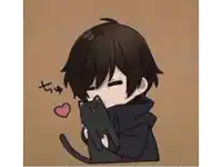 a boy is hugging a black cat with a heart on his chest .