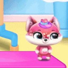 a cartoon fox with a cupcake on its head is standing on a pink surface .