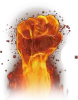a fist is surrounded by flames and a white background