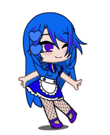 a girl with blue hair and purple eyes is wearing a blue dress and purple shoes