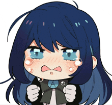 a girl with blue hair is crying with tears coming out her eyes